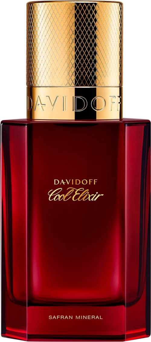 Rood parfumflesje met goudkleurige dop en zwarte tekst, gemarkeerd Davidoff Cool Elixir, op een zwarte achtergrond.