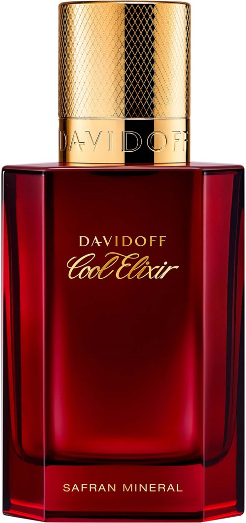 Een rood parfumflesje met een gouden dop en het label zegt Davidoff Cool Elixir en Safran Mineral.