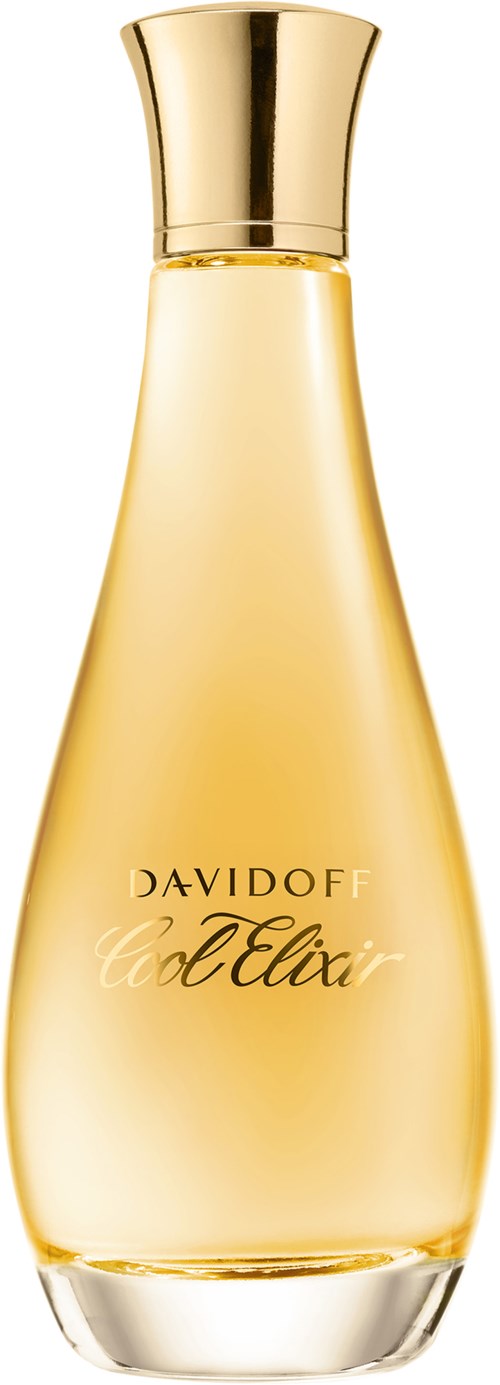 Een lange, slanke parfumfles met een gouden dop en de tekst 'Davioff Ed Elixir' op de voorkant.