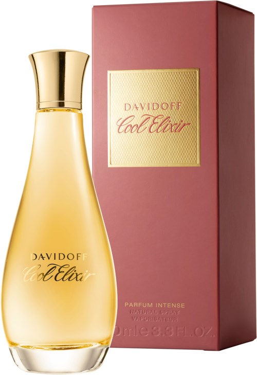 Een gouden parfumfles met een roze doos, gemarkeerd 'Davidoff Cool Elixir'.
