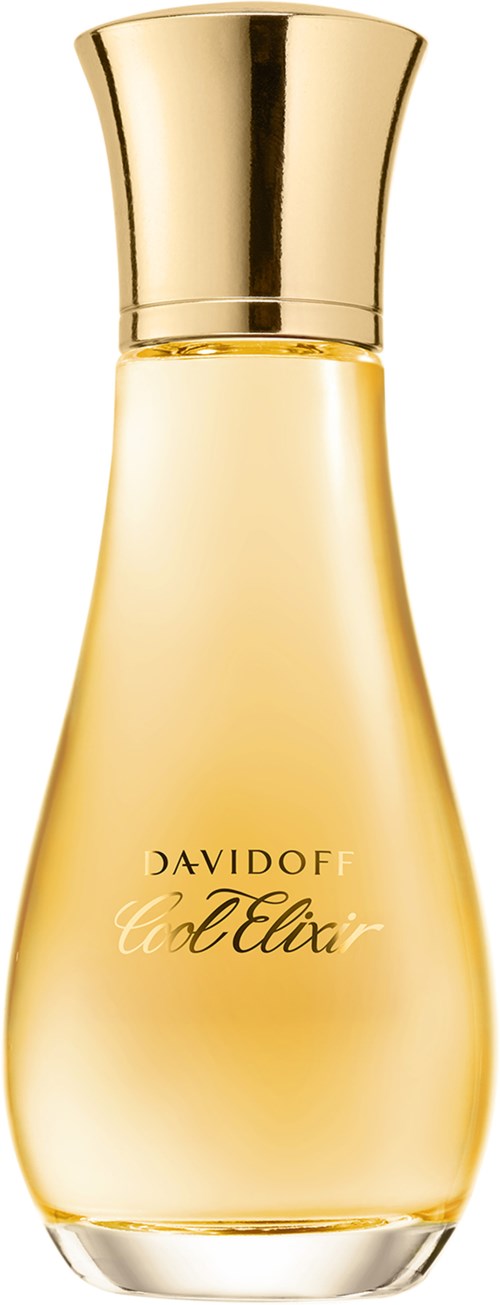 Een gouden fles met een glanzende dop, gemerkt 'Davidoff Cold Elixir,' rechtopstaand.