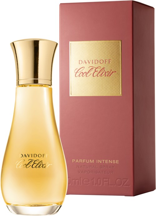 Een parfumfles met een gouden dop, naast een roze doos met Davidoff Cool Elixir, intense parfum spray.