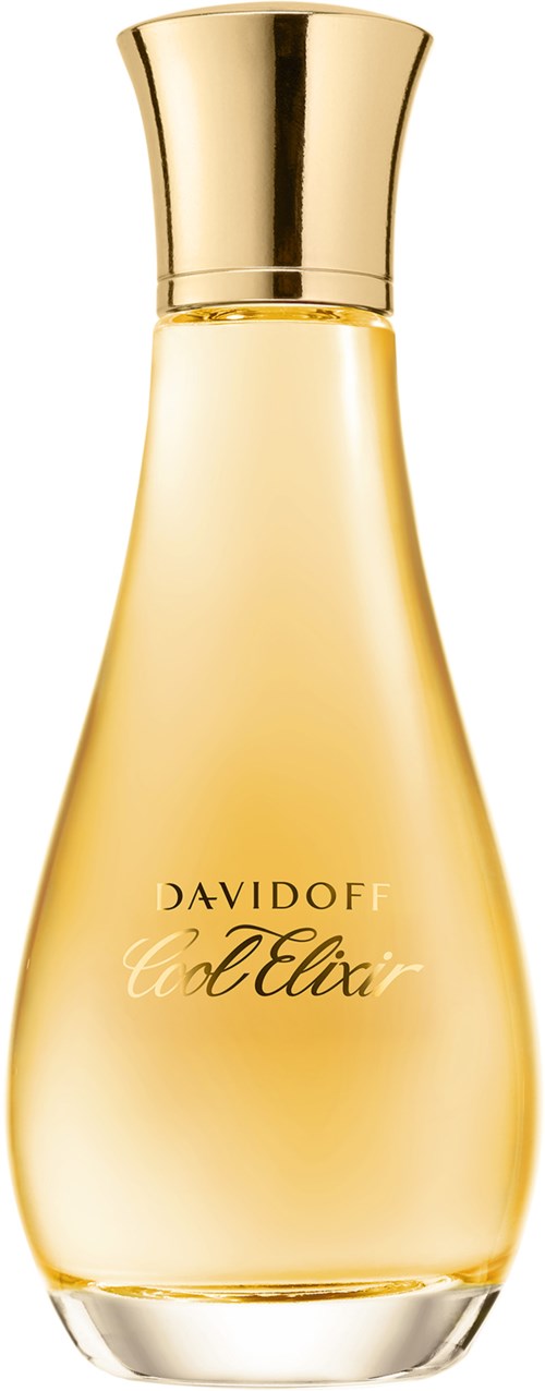 Een parfumfles met een gouden deksel en een lichtgele body, genaamd Davidoff Cool Elixir.