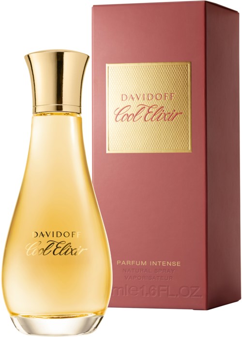 Gouden parfumfles met roze doos met label Davidoff Cool Elixir.