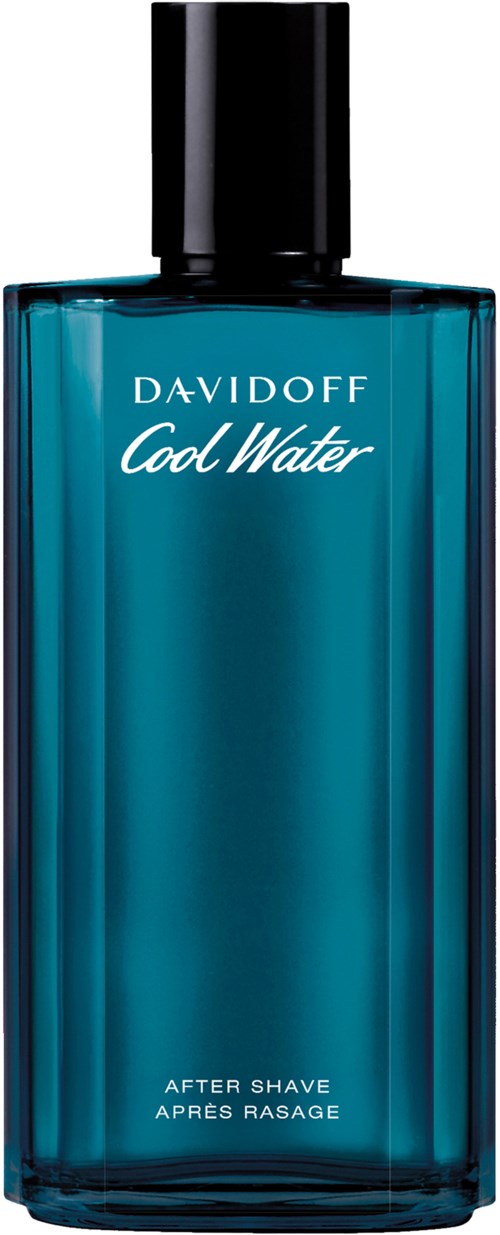 Blauwe fles met Davidoff Cool Water aftershave, zwarte dop en witte tekst.