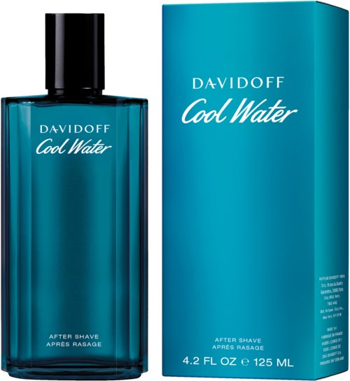 Een blauwe fles en doos voor Davidoff Cool Water after shave. De doos toont de naam en grootte.
