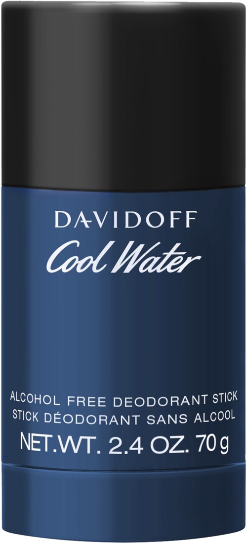 Blauwe deodorestick met zwarte dop, label "Davidoff Cool Water," alcoholvrij, 70 g.