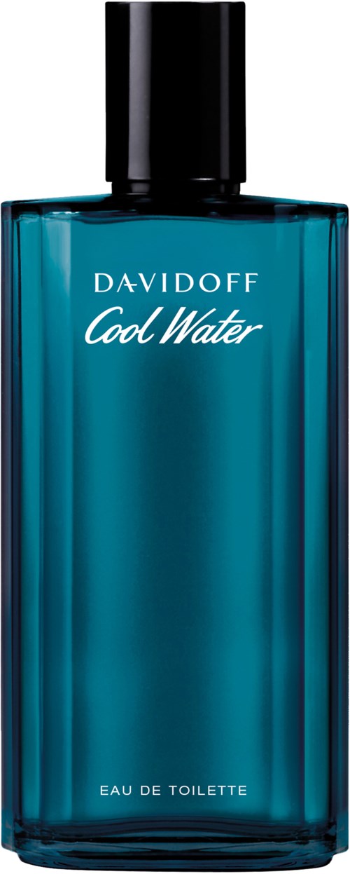 Blauwe glazen fles met zwarte dop, gemarkeerd als Davidoff Cool Water Eau de Toilette.