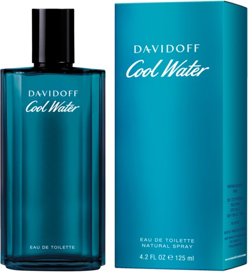 Een parfumfles en doos gemerkt "Davidoff Cool Water" in blauw.