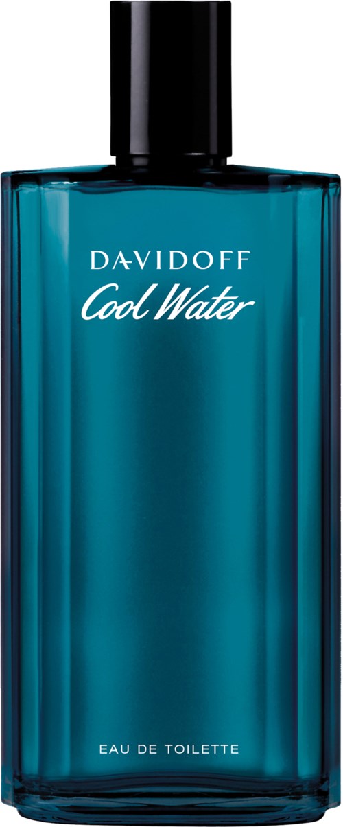 Een blauwe parfumfles met het label 'Davidoff Cool Water' en een zwart dop.