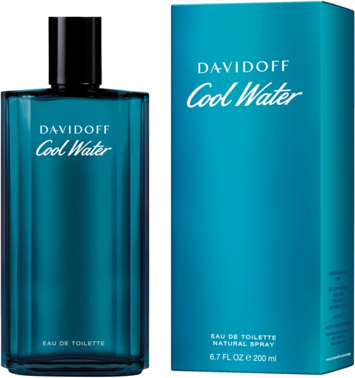 Een blauwe fles Davidoff Cool Water parfum naast de doos. Beide hebben dezelfde blauwe kleur en witte tekst.