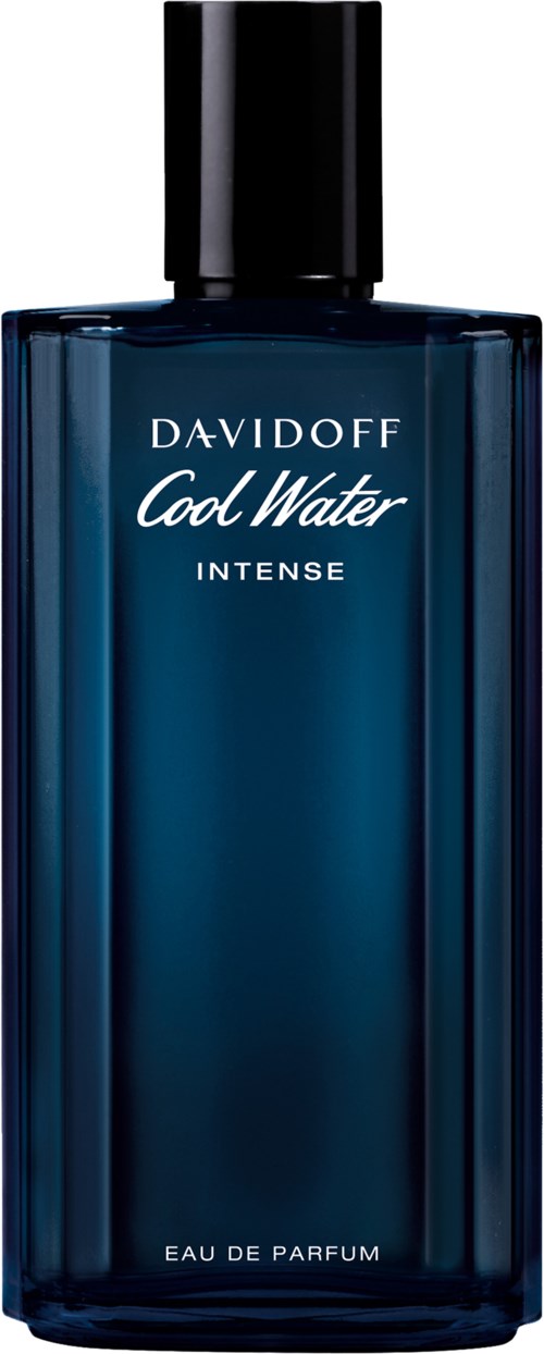 Donkerblauwe parfumfles met zwarte dop, label zegt Davidoff Cool Water Intense Eau de Parfum.