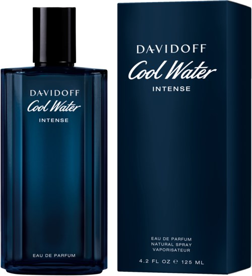 Een donkerblauwe parfumfles en doos met witte tekst voor Davidoff Cool Water Intense.