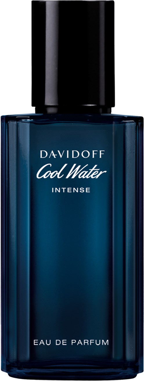 Een blauwe parfumfles met zwarte dop, gelabeld Davidoff Cool Water Intense, Eau de Parfum.