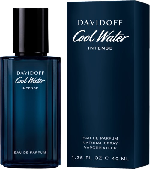 Een blauwe parfumfles met zwarte dop en bijpassend doosje, gelabeld Davidoff Cool Water Intense, 40 ml.