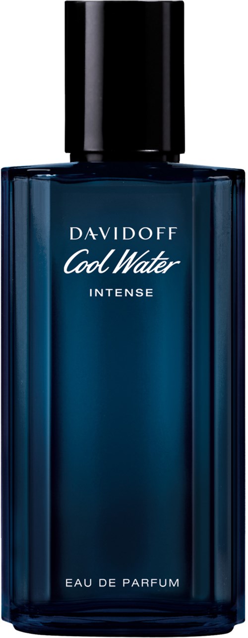 Een blauwe parfumfles met 'Davidoff Cool Water Intense,' zwarte dop, strak ontwerp en onderaan tekst.