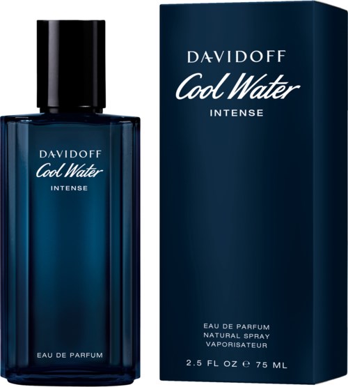 Donkerblauwe parfumfles met bijpassende doos, gemerkt Davidoff Cool Water Intense, 75 ml.