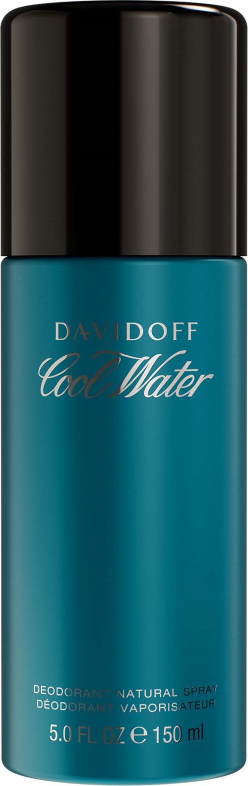En lang blå sprayflaske med Davidoff Cool Water deodorant og svart lokk.