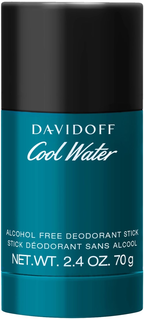Een blauwe deodorestick met zwarte dop, met label Davidoff Cool Water, alcoholvrij.