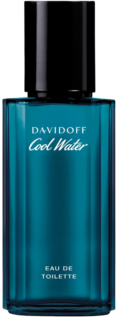 Een blauwe parfumfles met zwarte dop, labeled 'Davidoff Cool Water Eau De Toilette.'