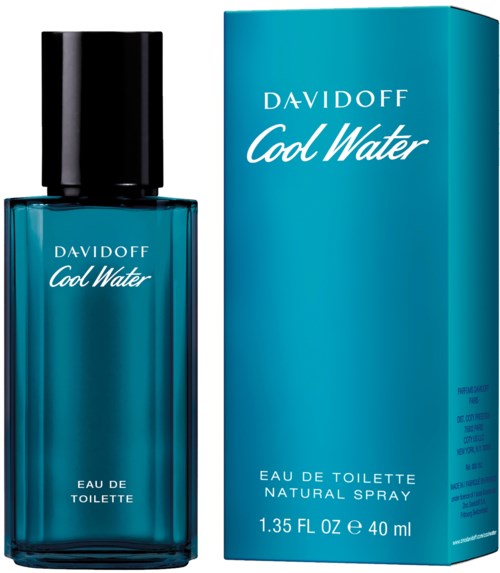 Een blauw perfume flesje met een zwarte dop naast een bijpassend blauwe doos. De woorden "Davidoff Cool Water" staan op beiden.