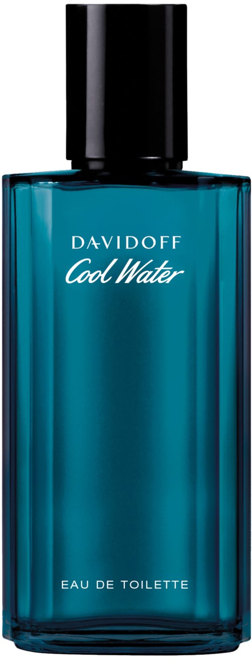 Een blauwe parfumfles met een zwarte dop en witte tekst, aangeduid als 'Davidoff Cool Water Eau de Toilette.'