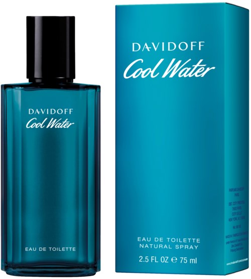 Een blauwe parfumfles met 'Davidoff Cool Water' naast de doos. De doos en fles zijn vooral blauw.