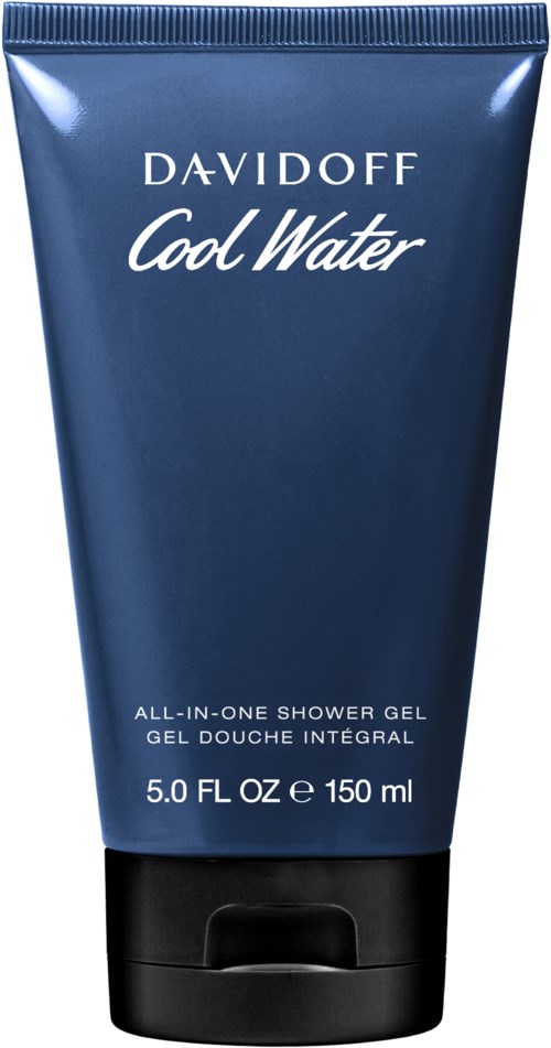 Blauwe tube Davidoff Cool Water douchegel, 150 ml, verfristende huid. Eenvoudig ontwerp met witte en zwarte tekst.
