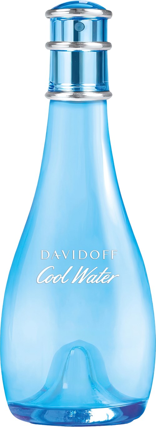Een blauw glazen fles met de tekst 'Davidoff Cool Water' en een zilveren dop.