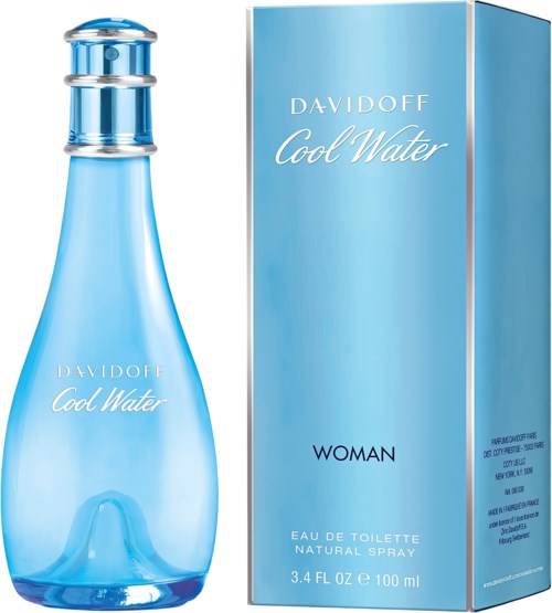Een lichtblauwe parfumfles naast de doos met de tekst 'Davidoff Cool Water Woman'.