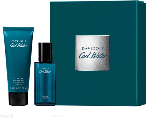 Davidoff Cool Water perfume gift set with a blue bottle and matching box.