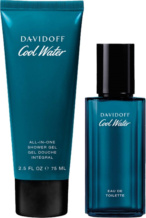 A blue shower gel and a blue perfume bottle from Davidoff's Cool Water line.