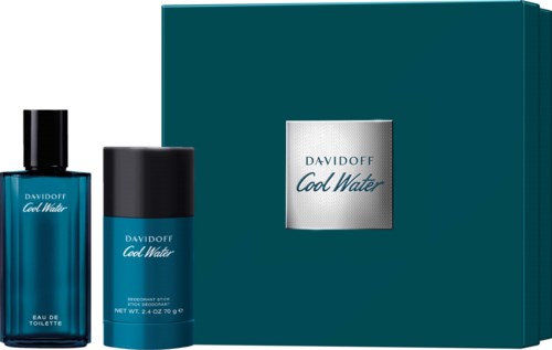 Davidoff Cool Water fragrance gift set with perfume bottle, deodorant, and box. Blue packaging and silver logo.