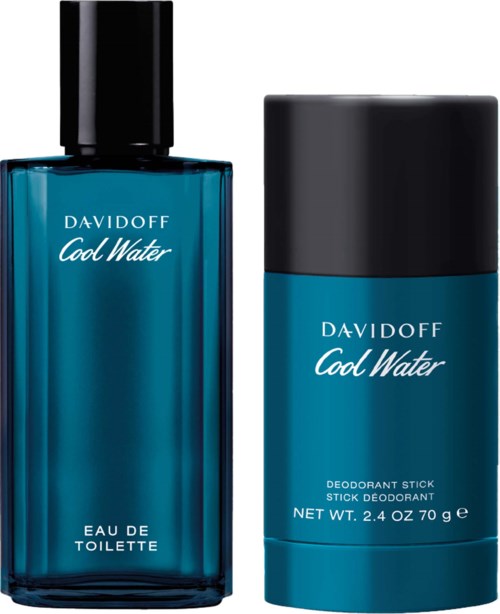 Two blue Davidoff Cool Water bottles, one tall perfume bottle and one shorter deodorant stick, with black caps.