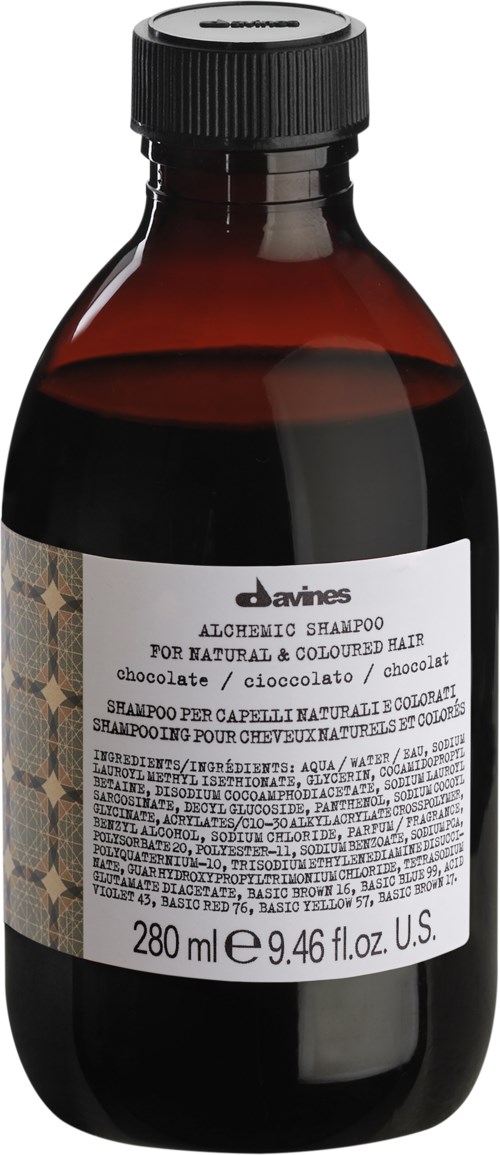 A brown bottle with a black cap contains alchemic shampoo for natural and colorful hair, 280 ml.