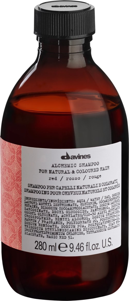 Mørk amber flaske med hvit etikett med svart tekst om aromatisk sjampo, 280 ml kapasitet, for naturlig og farget hår.