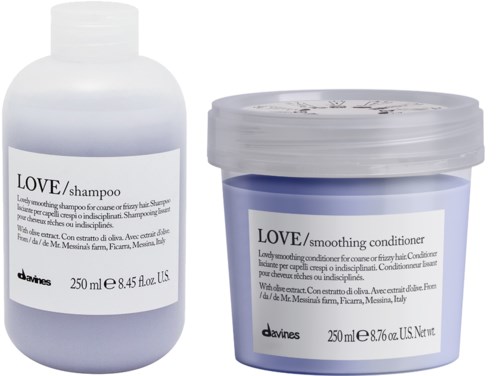 Flaska med love schampo och en burk med love utjämnande balsam för hår.