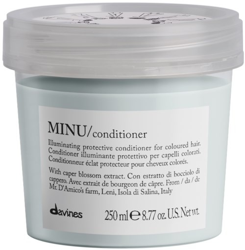 En ljusblå burk med DAVINES MINU-balsam med caperblomsextrakt för färgat hår, 250 ml.