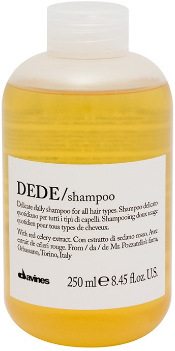 Flaska med gul schampo för alla hårtyper med selleriextrakt, från Italien, 250 ml.