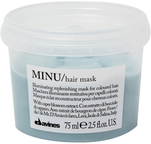 En rund, tydlig behållare med blå hårinpackning för färgat hår, från Davines, 75 ml.