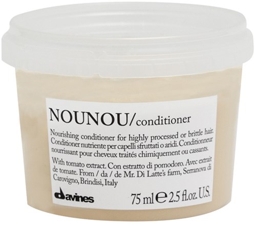 En hårbalsambehållare märkt 'NOUNOU' av Davines, med produktinformation och ingredienser.
