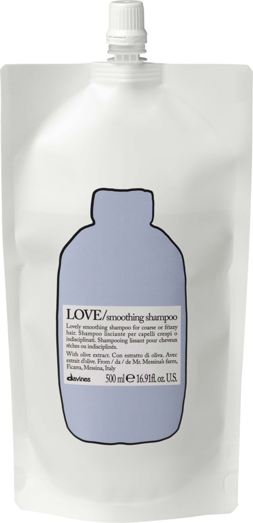 En hvit sjampoopose med en blå flaskeoutline og etikett for Love smoothing shampoo.