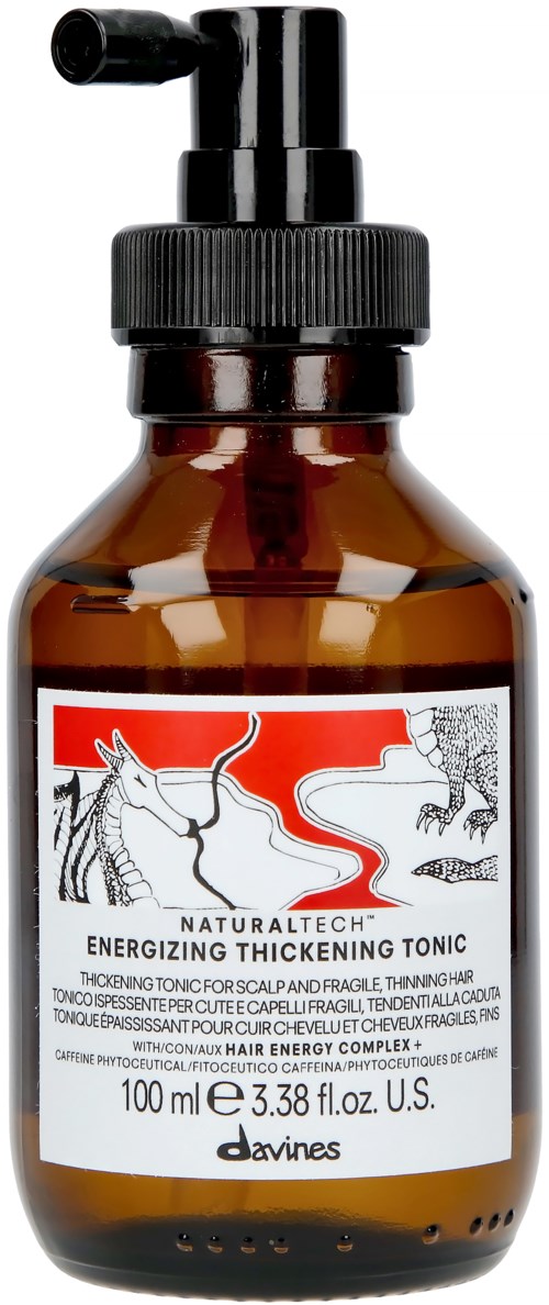 En brun flaska med svart pump; etiketten visar en stiliserad teckning av en björn och skogsmiljö; produkten heter "Energizing Thickening Tonic."