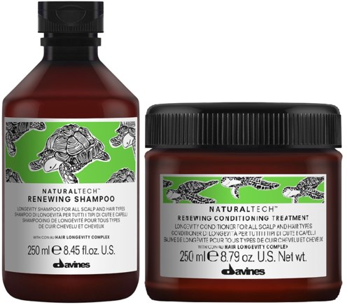 Schampo och balsamflaskor från Davines med en grön och svart etikett design.