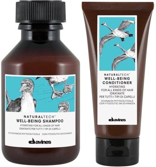 Schampok- och balsamflaskor med illustrationer av flygande fåglar och etiketter som visar hårvårdsprodukter.