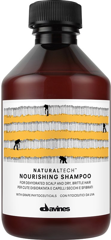 En brun flaska med närande schampo med en vit etikett, gula ränder och små svarta ikoner av personer.