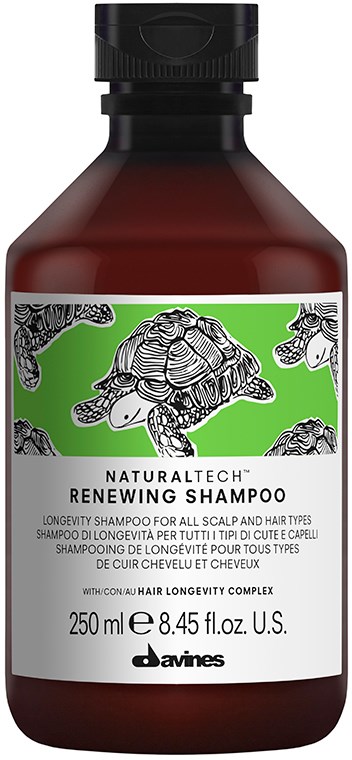 En brun flaska med Davines Renewing Shampoo med en grön etikett och svart lock, med en sköldpaddas illustration och produktuppgifter.