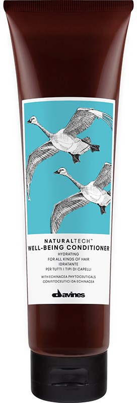 En brun tub med Davines hårbalsam med två illustrerade flygande fåglar på etiketten.