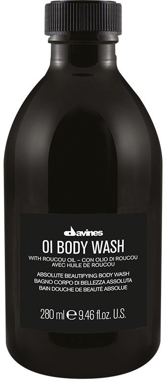 En svart flaska med en etikett för Davines OI Body Wash, innehållande 280 ml produkt.