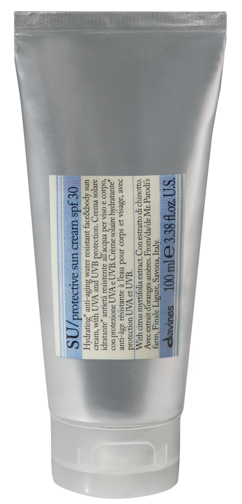 Sølvfarget tube med blå etikett, SPF 30, 16 ml, mild formel, for ansikt og kropp.